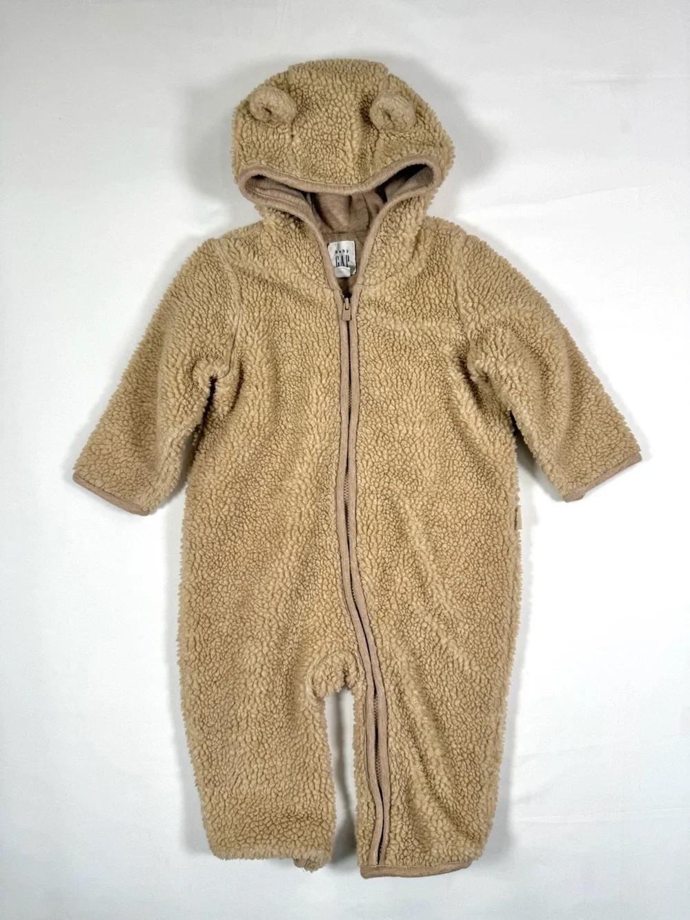 BABY GAP 6-12M Sherpa Bear Pram Suit Tan Teddy Fleece Hooded One Piece Unisex